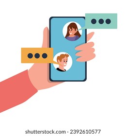 Mobile Messenger concept vector cartoon illustration. People talking on smartphone screen. Human hands hold smartphone.