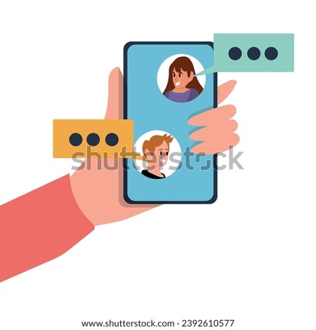 Mobile Messenger concept vector cartoon illustration. People talking on smartphone screen. Human hands hold smartphone.