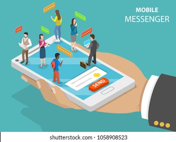 Mobile messenger flat isometric vector concept. Smartphone in the hand with chatting people on it.