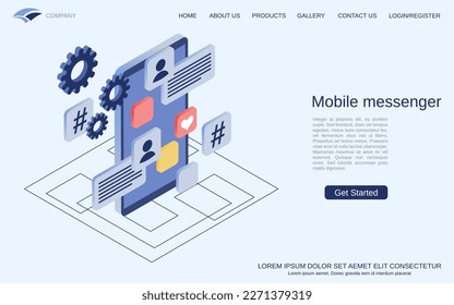 Mobile messenger, online chat flat 3d isometric vector concept illustration