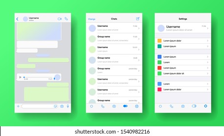 Mobile messenger screen inspired by whatsapp. Whats ap application mockup. Phone chat with voicemail or audio message. Whats App layout of private account for business. Vector illustration.