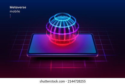 Mobile metaverse, digital planet and virtual or augmented reality in smartphone. Vector realistic cartoon, futuristic circular sphere with neon gradient lines and squares design of interface