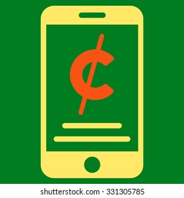 Mobile Micropayment vector icon. Style is flat bicolor orange and yellow symbol, rounded angles, green background.