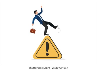 Mobile Mistake caution, business risk or problem warning, failure prevention or avoid danger concept, cautious businessman slip falling on exclamation symbol beware, careful caution sign.

