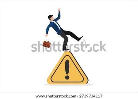 Mobile Mistake caution, business risk or problem warning, failure prevention or avoid danger concept, cautious businessman slip falling on exclamation symbol beware, careful caution sign.

