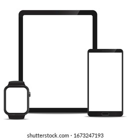 Mobile Mock up set of Tablet and Smartphone and Smart watch realistic style mockup device set icons for user interface applications and responsive mobile web design with a blank screen. Vector