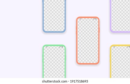 Mobile mockup with empty screen, power and volume button. Phones with transparent screen. Smartphone frames in different modern colors. Device UI UX template for presentation, portfolio.