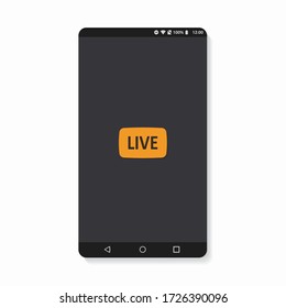 Mobile mockup interface with orange live button on its screen. Concept of social networks. Live streaming. Blog. Vector illustration