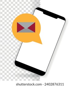 Nuevo concepto de notificación de mensajes de maqueta móvil en smartphone, nuevo correo electrónico emergente. entrante, correo, mensaje, símbolo de letra, signo de ilustración vectorial plana aislada en segundo plano