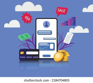 Mobile mockup showing message details on screen On the side there are icons of sale, percentages, documents, banknotes, stock charts, credit cards, gold coins, and clouds. on a blue background