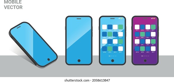 Mobile Mockup Vector in Light Blue and Purple Background, Perspective illustration