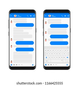 Mobile modern ui kit messenger on the smartphone screen. Chat app template with empty chat bubbles with mobile keyboard. Phone Social network concept. Vector illustration.