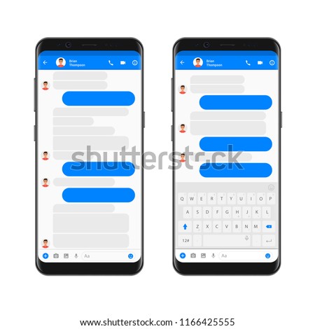 Mobile modern ui kit messenger on the smartphone screen. Chat app template with empty chat bubbles with mobile keyboard. Phone Social network concept. Vector illustration. Сток-фото © 