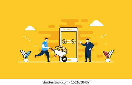 Mobile money currency exchange flat vector illustration concept,can be used for landing page, ui, web, app intro card, editorial, flyer, and banner.