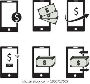 mobile money icon set on white background. smartphone and dollar sign. financial, mobile payment and money transfer symbols. flat style.