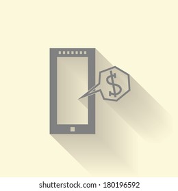 Mobile with money icon with shadow effect. Isolated on stylish creamy background.