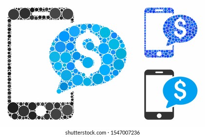 Mobile money message composition of small circles in various sizes and shades, based on mobile money message icon. Vector small circles are organized into blue composition.