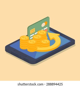 Mobile money or online banking concept with a dark green credit card standing on the screen of an electronic device