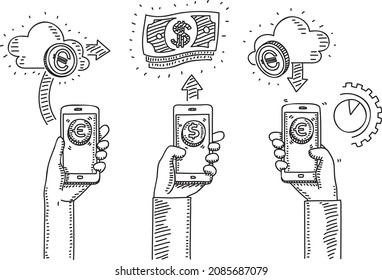 Mobile money payments - sketchy hand-drawn vector illustration. Three hands with smart phones sending and receiving money