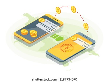 Mobile money transfer app isometric illustration. Online banking system. Mobile payment. Smartphone global transactions. E-money infographic. Digital wallet. Web, app, banner design. Isolated vector