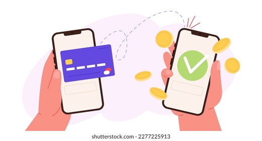 Mobile money transfer, digital payment p2p. Hands hold smartphones with credit card and coins. Phone wallet, send pay approved racy vector concept