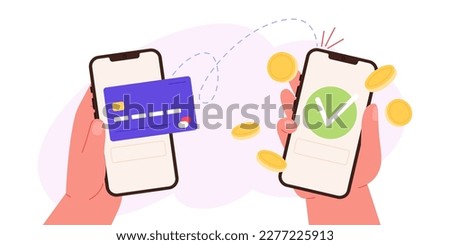 Mobile money transfer, digital payment p2p. Hands hold smartphones with credit card and coins. Phone wallet, send pay approved racy vector concept