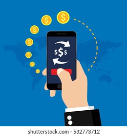 Mobile money transfer and exchange. Vector illustration icon.