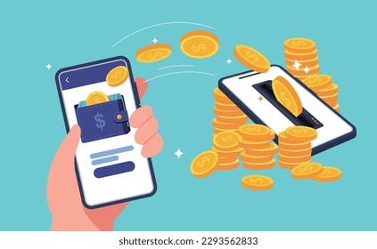 Mobile money transfer with hand holding mobile phone.Transfer money by online internet banking all around the world illustration.