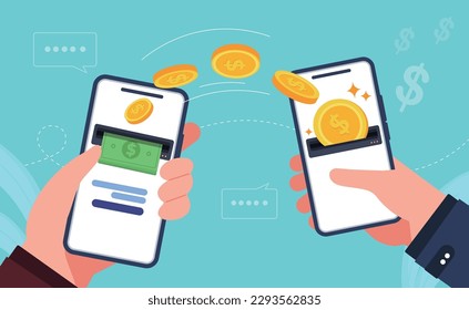 Mobile money transfer with hand holding mobile phone.Transfer money by online internet banking all around the world illustration.