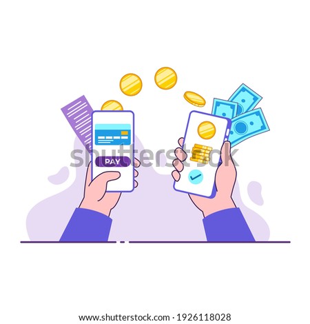 Mobile money transfer with hand holding mobile phone with credit card on screen. Online mobile payment transaction concept. Flat vector illustration. Banner landing page design.