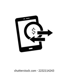 Mobile money transfer icon in black flat glyph, filled style isolated on white background