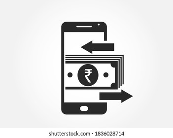 mobile money transfer icon. indian rupee on mobile phone. financial and mobile transaction symbol for web design