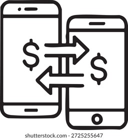 Icono de transferencia de dinero móvil. Dos smartphones intercambiando moneda en dólares.