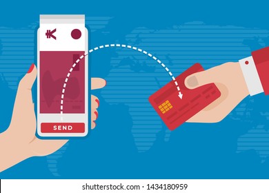 Mobile Money Transfer Internet Banking Vector Illustration Concept. Hands Holding Smartphone and Sending Yuan to a Credit Card. Currency Transfer. Sending and Receiving. Online Transfer