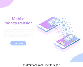 Mobile money transfer isometric vector illustration. Two smartphones and bundle of the banknotes flying from one smartphone to the other.