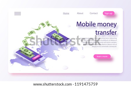 Mobile money transfer isometric vector illustration. Money transfer from and to wallet in isometric vector design. Capital flow, earning or making money. Online money transfer concept