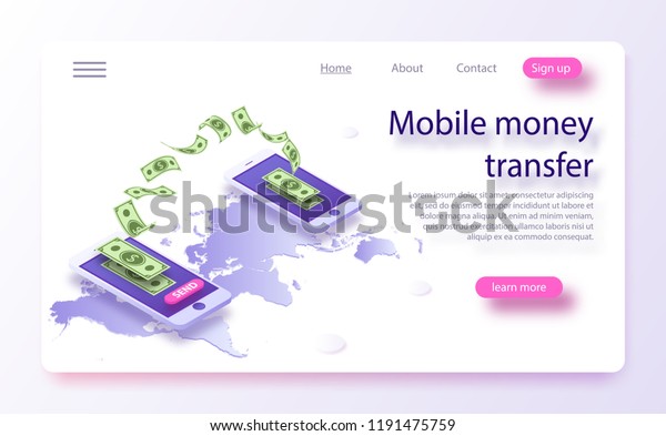 Mobile money\
transfer isometric vector illustration. Money transfer from and to\
wallet in isometric vector design. Capital flow, earning or making\
money. Online money transfer\
concept