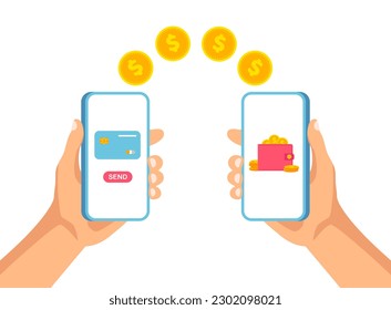Mobile money transfer. Online payment between two smartphones. Banking app template. Hand holds smartphone and sending and receiving moneys wireless. Vector illustration isolated on white. svg