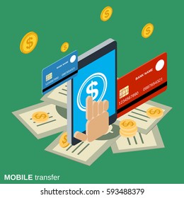 Mobile money transfer, payment, online banking, financial transaction flat isometric vector concept illustration