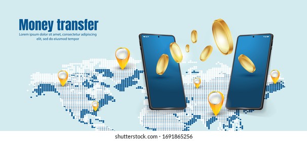 Mobile money transfer safe and easy payment worldwide concept. Sending yellow coins from smartphone to smartphone with location pin on the world map