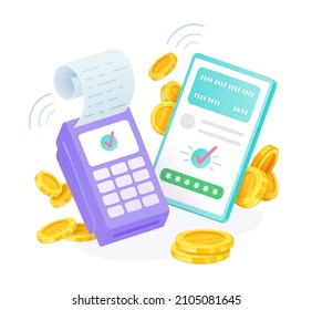 Transferencia de dinero móvil con billetera para smartphone e ilustración plana de vector terminal POS. Banca electrónica Pago financiero NFC con recibos de papel y monedas de oro en efectivo aisladas. Salto electrónico exitoso