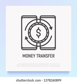 Mobile money transfer thin line icon: transaction between two smartphones. Modern vector illustration.
