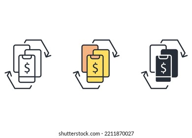 Mobile Geldtransfer dünnen Linie Symbole. Vektorgrafik einzeln auf Weiß. Bearbeitbarer Hub