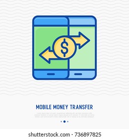 Mobile money transfer thin line icon. Vector illustration of mobile payments.