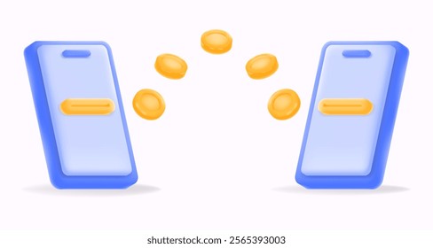 mobile money transfer with two smartphones and floating coins. fintech, digital payments, and mobile banking content. 3d vector Illustration