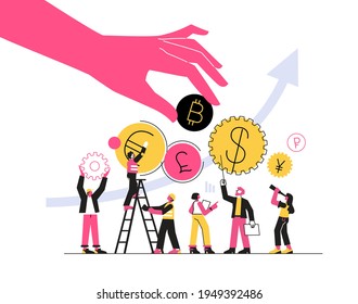 Concepto vectorial de transferencia de dinero móvil. La mano toma bitcoin. Monedas de cambio, banca en línea, depósito bancario. Ilustración del vector