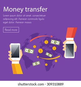 Mobile money transfer vector concept. Two hands take mobile devices and exchange coins.