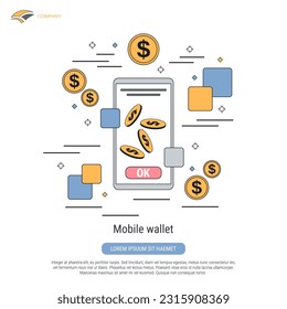 Mobile money wallet flat contour style vector concept illustration