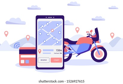 Mobile motorcycle rental application. Sports bike rental carsharing concept. Motorbike with a smartphone and card with contactless payment waves for carpool. Vector flat illustration.