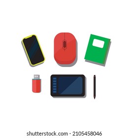 mobile, mouse, book, touch pen, touch screen and flash disk icons
